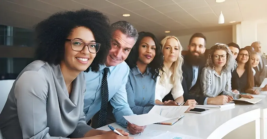 A group of people sitting at a table with papers.