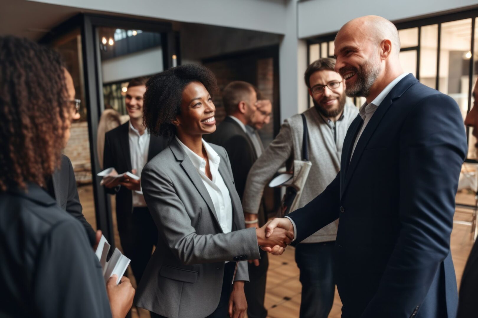 A smartly dressed man and woman stand face-to-face, exchanging a warm handshake and smiling in the mutual satisfaction of a successful business transaction