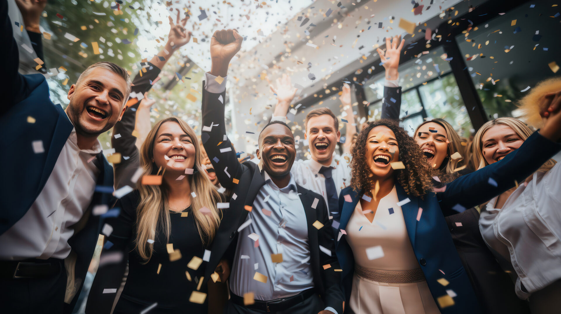 A happy diverse team of startup business people celebrate their business success amidst confetti.