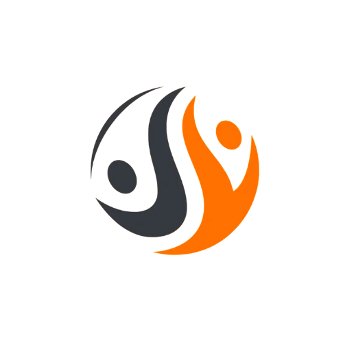 A stylized image of two people in an orange and black circle.