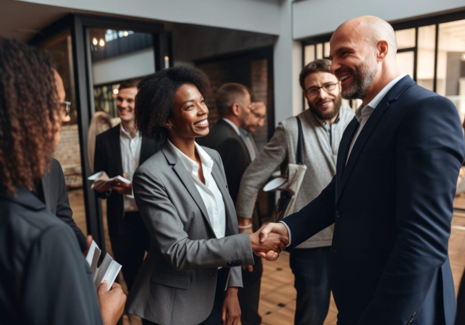 A smartly dressed man and woman stand face-to-face, exchanging a warm handshake and smiling in the mutual satisfaction of a successful business transaction